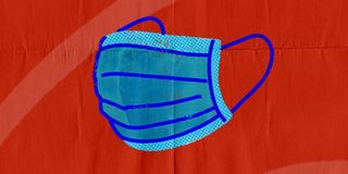 A handdrawn blue cloth mask with a red background.