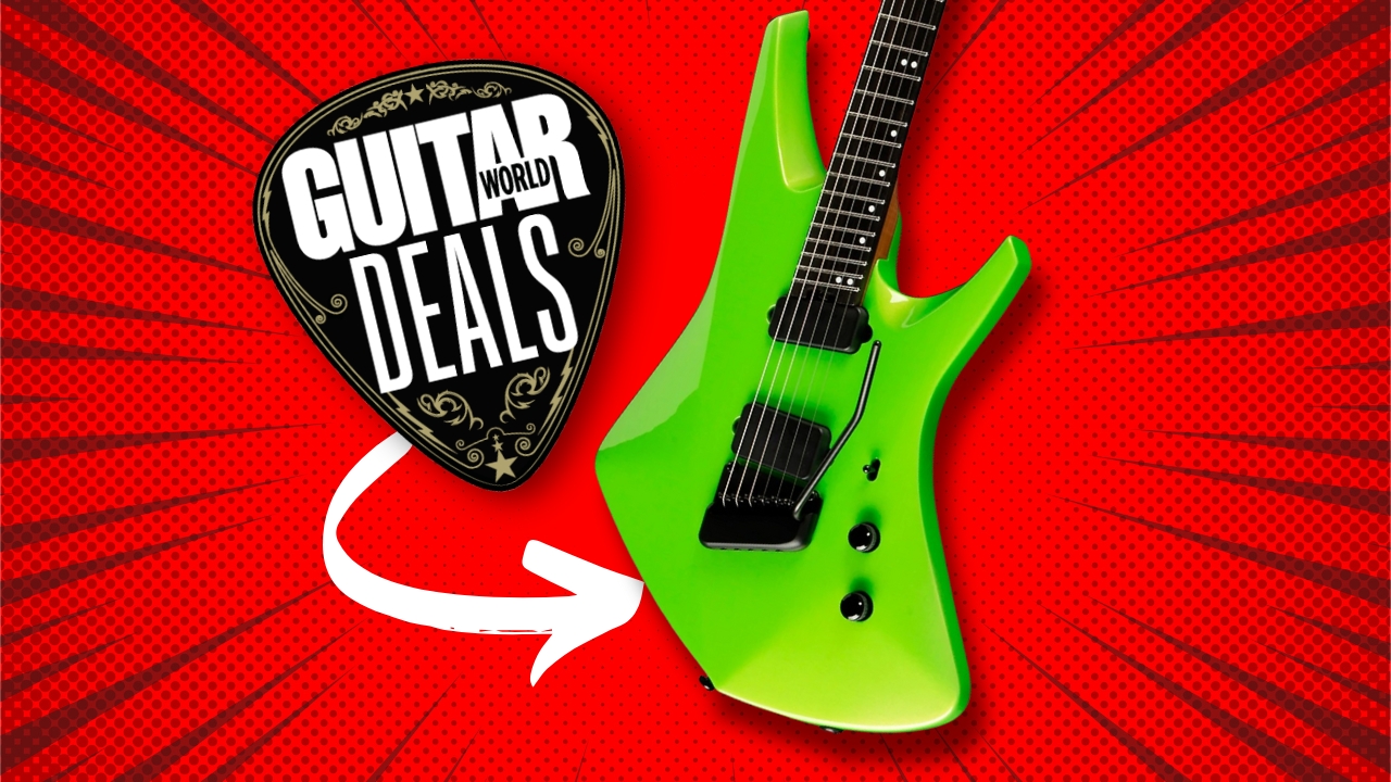 An Ernie Ball Music Man Kaizen electric guitar on a red background