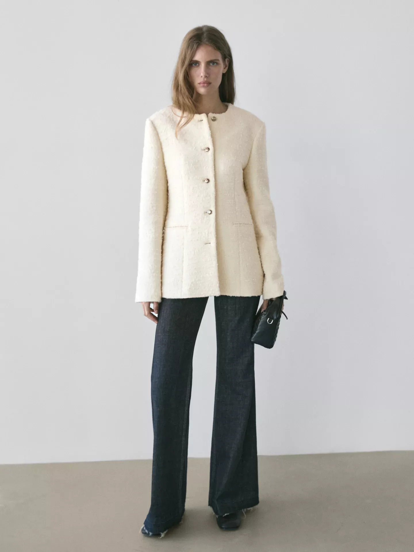 Massimo Dutti, Textured Wool Blend Jacket With Rhinestone Buttons