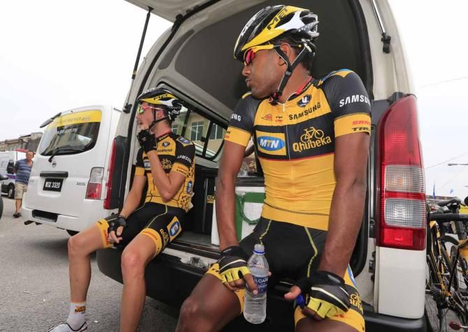 The MTN-Qhubeka riders await the start