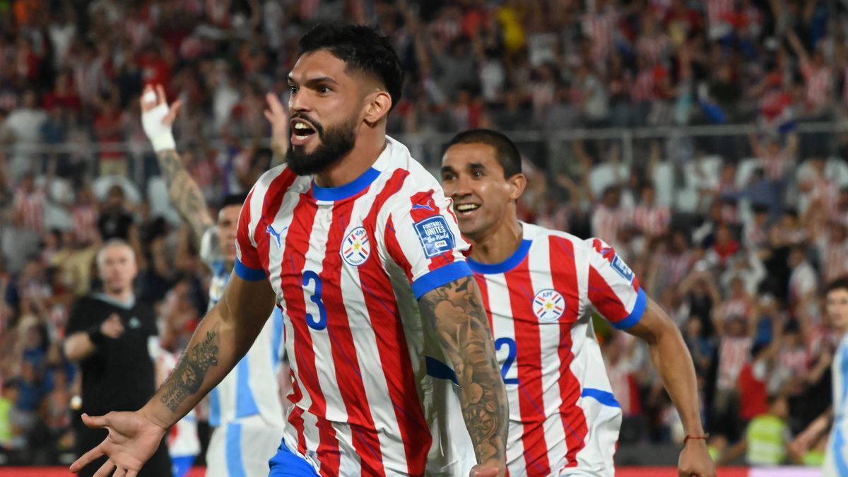 Paraguay&#039;s defender #03 Omar Alderete celebrates after scoring during the 2026 FIFA World Cup South American qualifiers ahead of the Bolivia vs Paraguay live stream