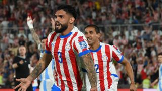 Paraguay's defender #03 Omar Alderete celebrates after scoring during the 2026 FIFA World Cup South American qualifiers ahead of the Bolivia vs Paraguay live stream