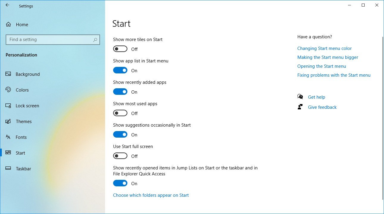 Start settings page