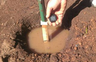 Someone putting a measuring device into a small hole filled with water to conduct a percolation test