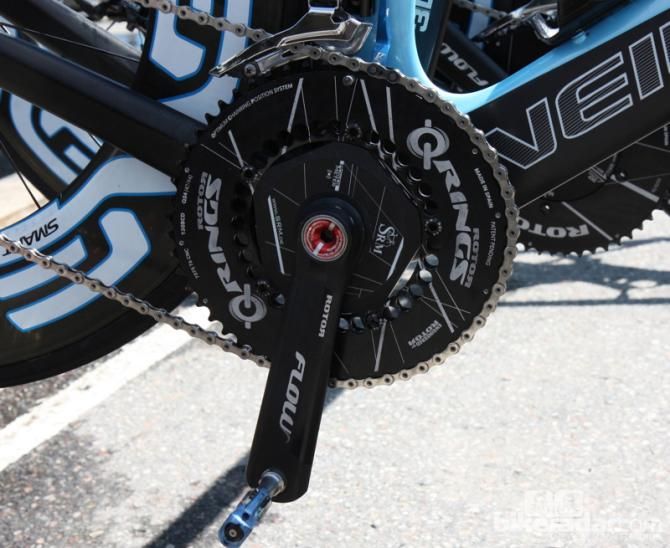 Although Rotor now has a power meter, this Rotor Flow crank has an SRM power meter, plus Rotor's oval Q rings