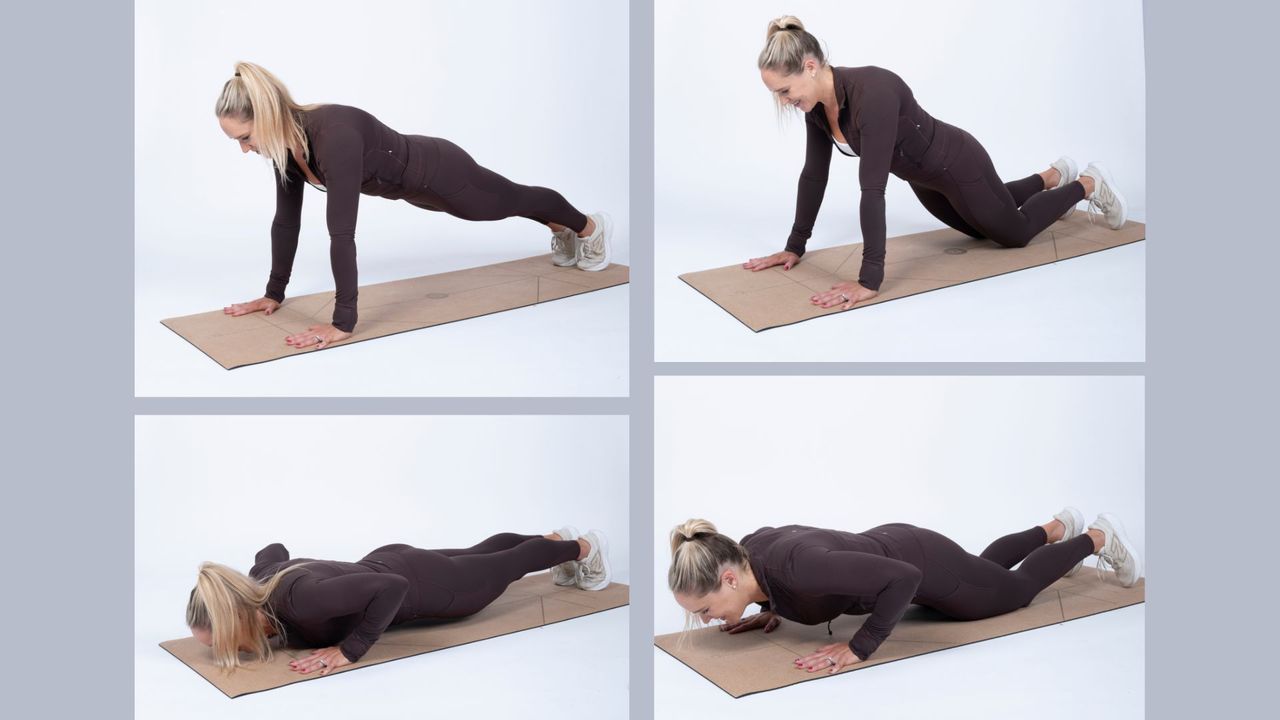 Sarah Campus showing how to do a push-up properly in two ways, full and on her knees on a yoga mat