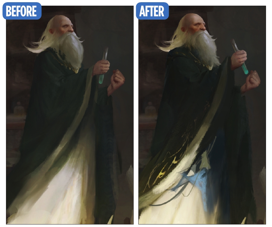 Striking fantasy scene; a wizard