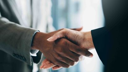 man and woman shake hands confirming a deal