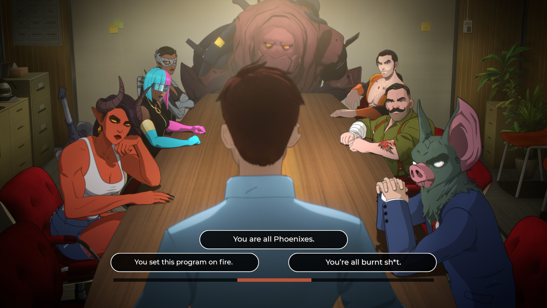 Dispatch gameplay showing a team meeting where Aaron Paul's character Robert Robertson can praise or admonish his team of villains turned heroes at a conference table