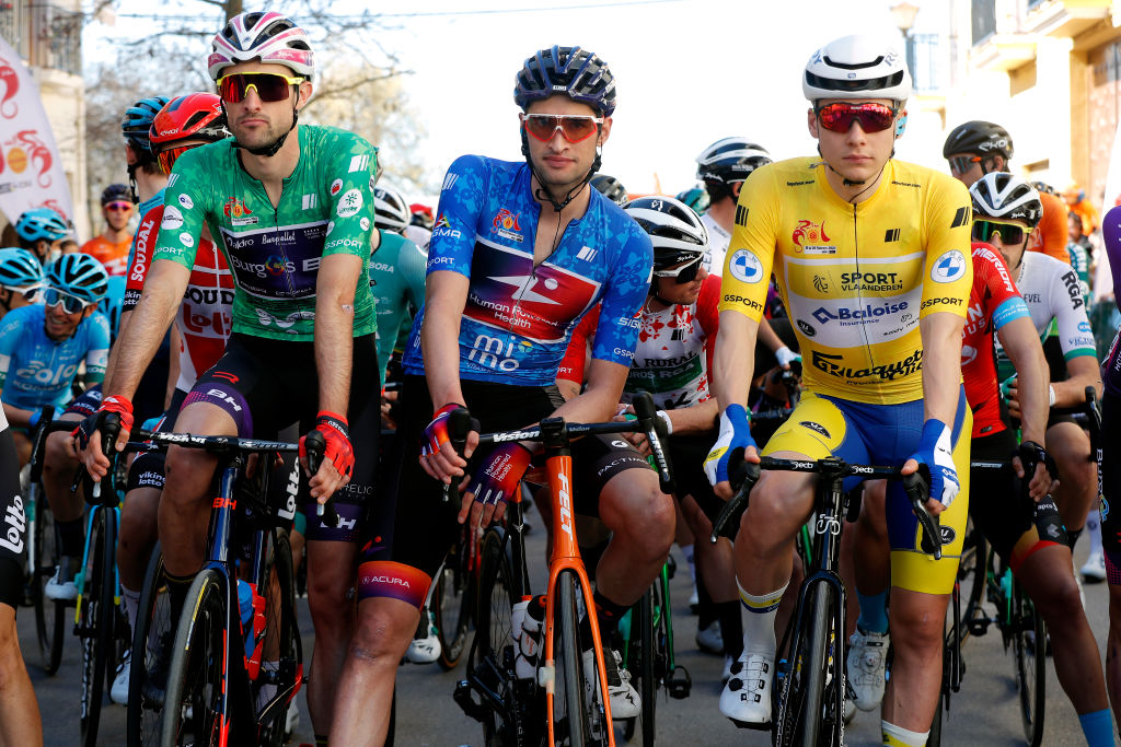 ALCALA LA REAL SPAIN FEBRUARY 17 LR Ander Okamika Bengoetxea of Spain and Team Burgos BH green points jersey Stephen Bassett of United States and Human Powered Health Team Blue Intermediate Sprint Jersey and Rune Herregodts of Belgium and Team Sport Vlaanderen Baloise Yellow Leader Jersey the 68th Vuelta A Andalucia Ruta Del Sol 2022 Stage 2 a 1506km stage from Archidona to Alcal La Real 982m 68RdS on February 17 2022 in Alcala la Real Spain Photo by Bas CzerwinskiGetty Images