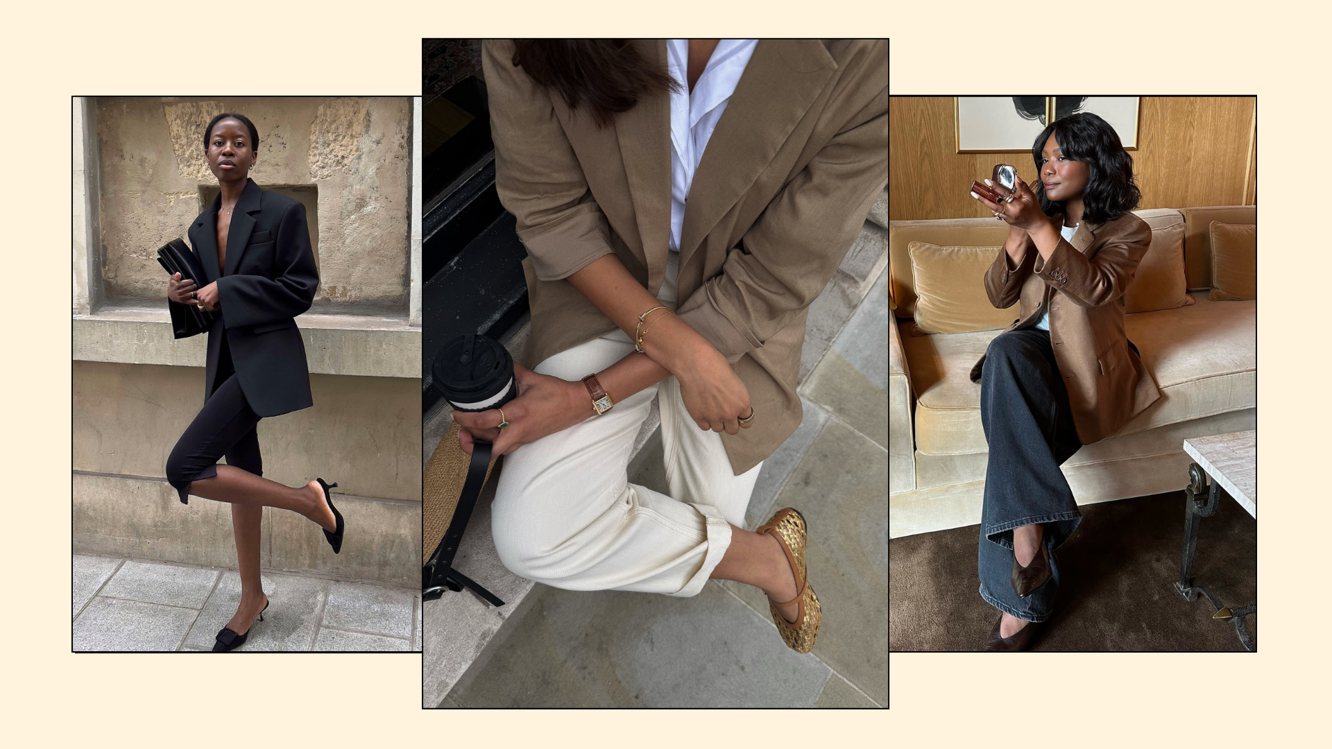 A collage of the best linen blazers, as seen on @sylviemus_, @cocobeautea and @frannfyne