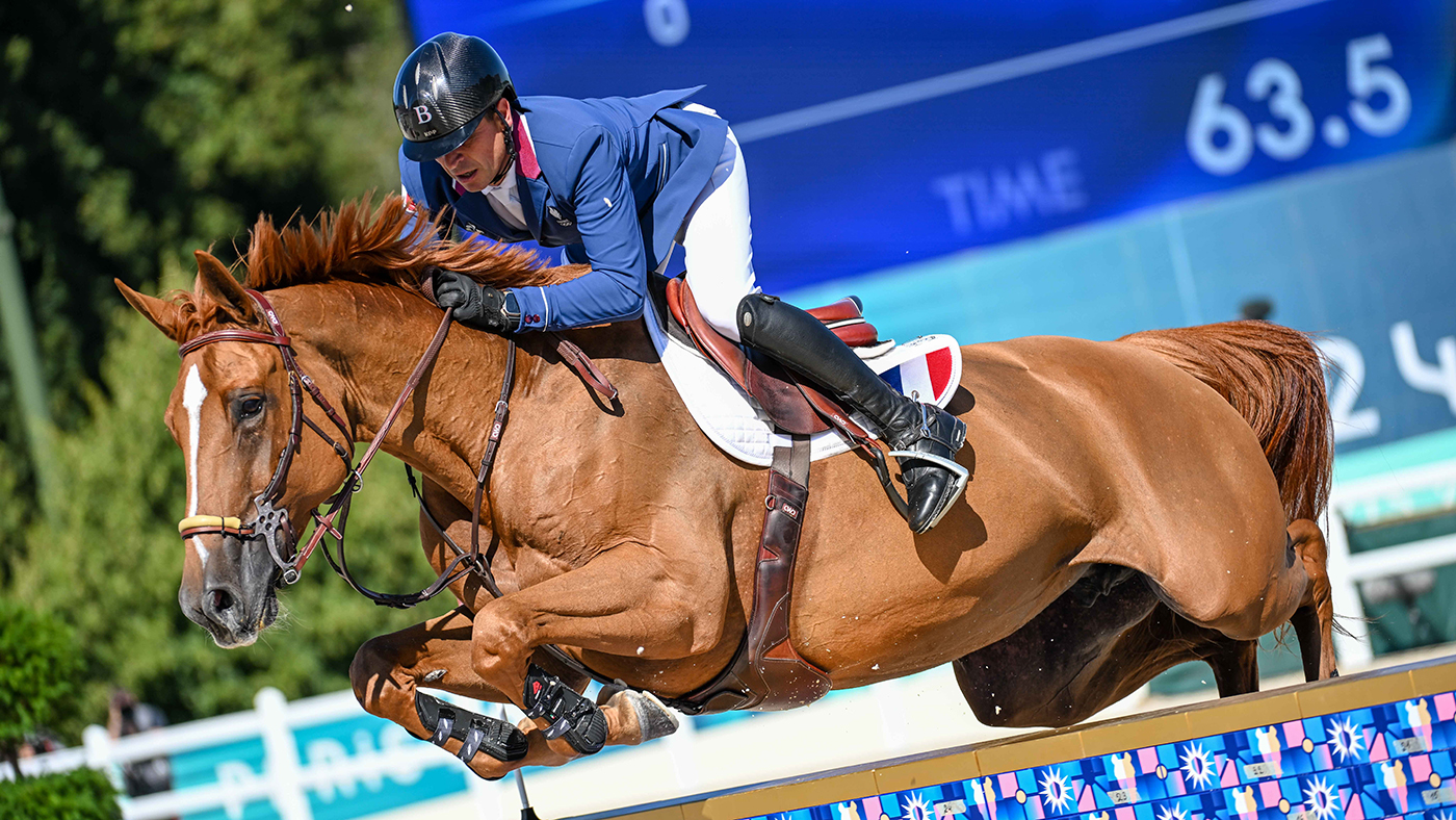 Olympic showjumping Julien EpaillardJulien Epaillard and Dubai Du Cedre jumping in the individual qualifier at the Paris Olympics