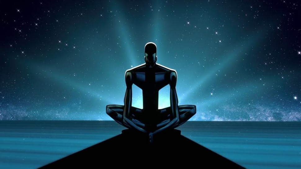 Screenshot from the animated tv series Love, Death & Robots. This still is from the episode Zima Blue. Here we see a man sitting cross-legged in the center at the end of a black path. In the background you can see a beautiful dark blue night sky dotted with stars.