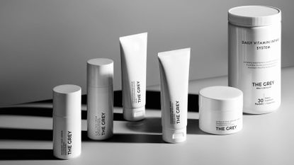 The Grey skincare men’s grooming products in white packaging 