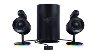 A product shot of the Razer Nommo Pro speakers