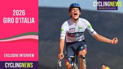 Giulio Pellizzari celebrating winning a stage of La Vuelta, with a Giro d'Italia countdown graphic overlaid
