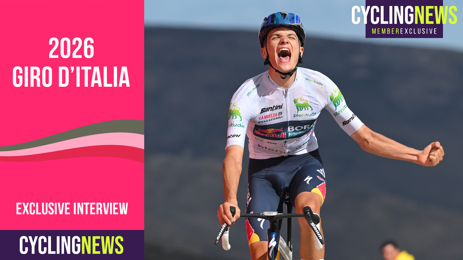 Giulio Pellizzari celebrating winning a stage of La Vuelta, with a Giro d'Italia countdown graphic overlaid