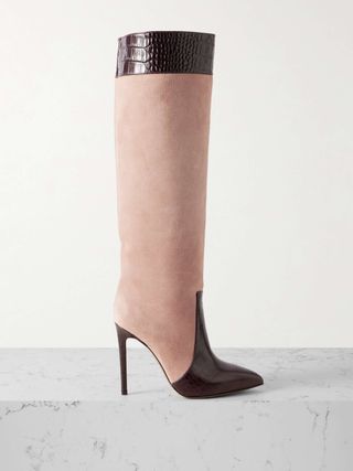 Croc-Effect Leather-Trimmed Suede Knee-High Boots