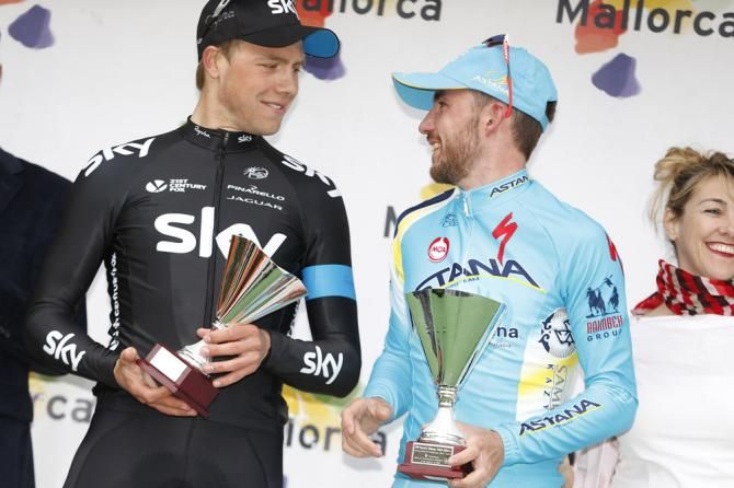 Second and third place finishers Edvald Boasson Hagen and Francesco Gavazzi on the podium at Mallorca's Trofeo Dei&agrave;