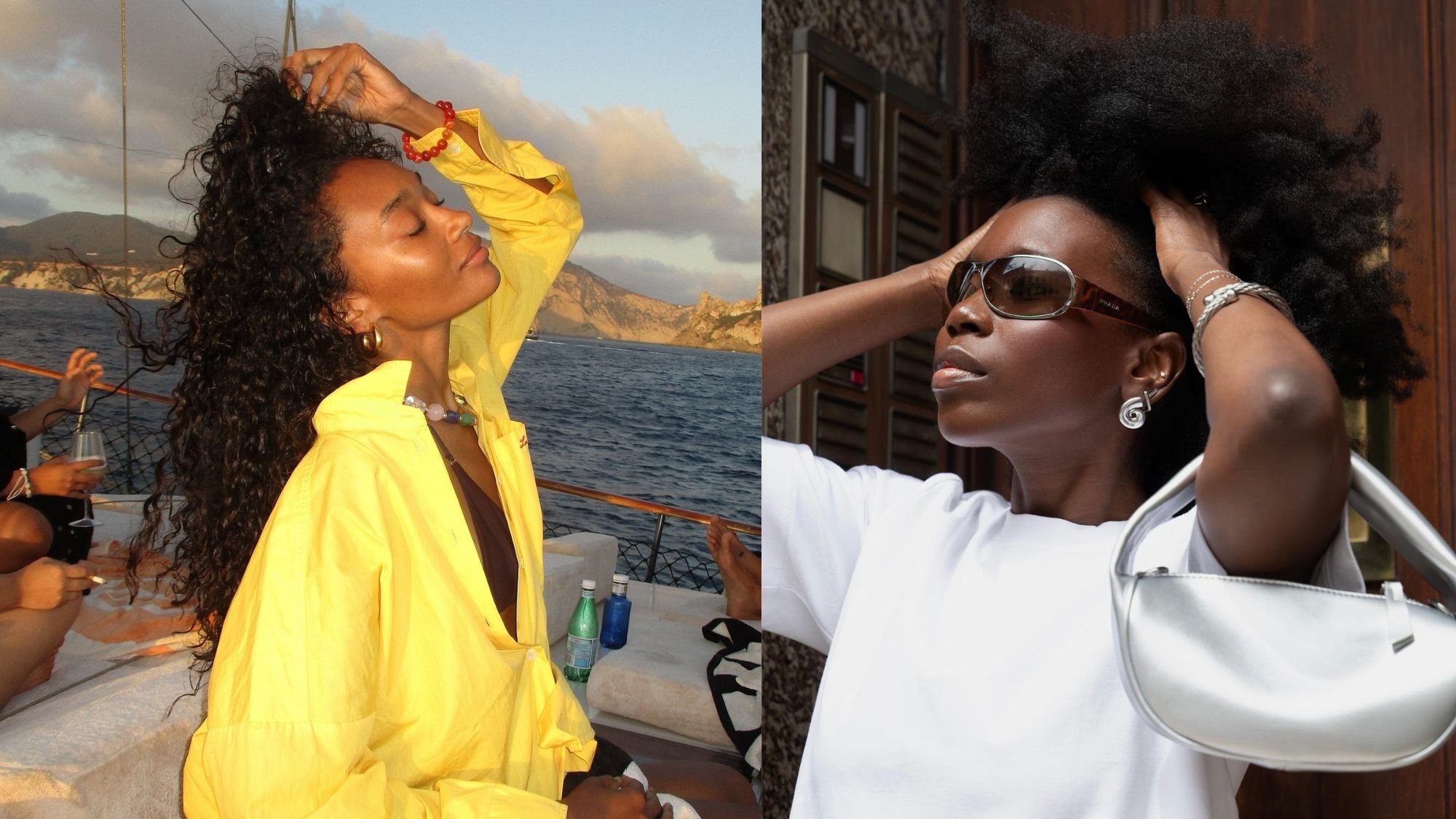 Split image of two women with curls running their fingers through their hair.