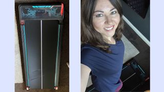 Susan Griffin's walking pad treadmill lying on the ground and selfie of Susan standing on treadmill