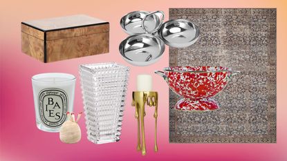 a collage of amazon home decor including a rug, spiked glass vase, gold surrealist candle holder, burled wood box and red splattered collinder