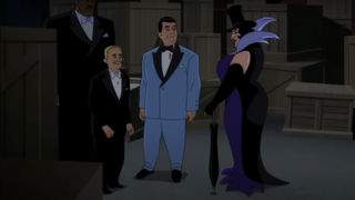 Penguin angrily speaking with her sons in Batman: Caped Crusader