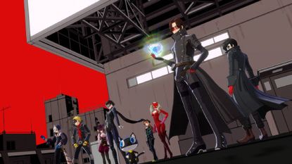 A zoomed-in Persona 5: The Phantom X promotional screenshot showing the Phantom Thieves stood in front of a building and a red sky.