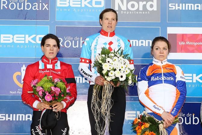Elite women's Roubaix World Cup podium: Jasmin Achermann, Katie Compton, Sanne Van Paassen