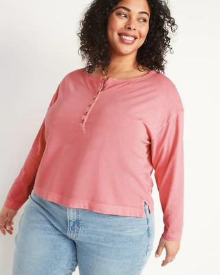 old navy Loose Garment-Dyed Long-Sleeve Henley T-Shirt for Women