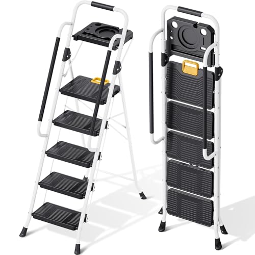 Kingrack Folding 5-Step Ladder, 800 Lbs Capacity Step Stool With Safety Lock, Tool Tray, Non-Skid Wide Steps, Handrail, Household Ladder for Home, Garden, Painting, Outdoor, and Garage Use, White
