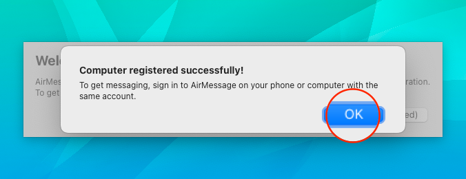 Successful AirMessage account creation