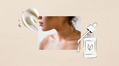 a beige backdrop with a close up image of a woman with curly hair's neck and shoulders, with an illustration of a serum bottle and splash of skincare