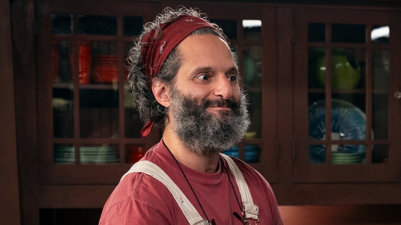 Jason Mantzoukas in overalls in A Man on the Inside Season 2