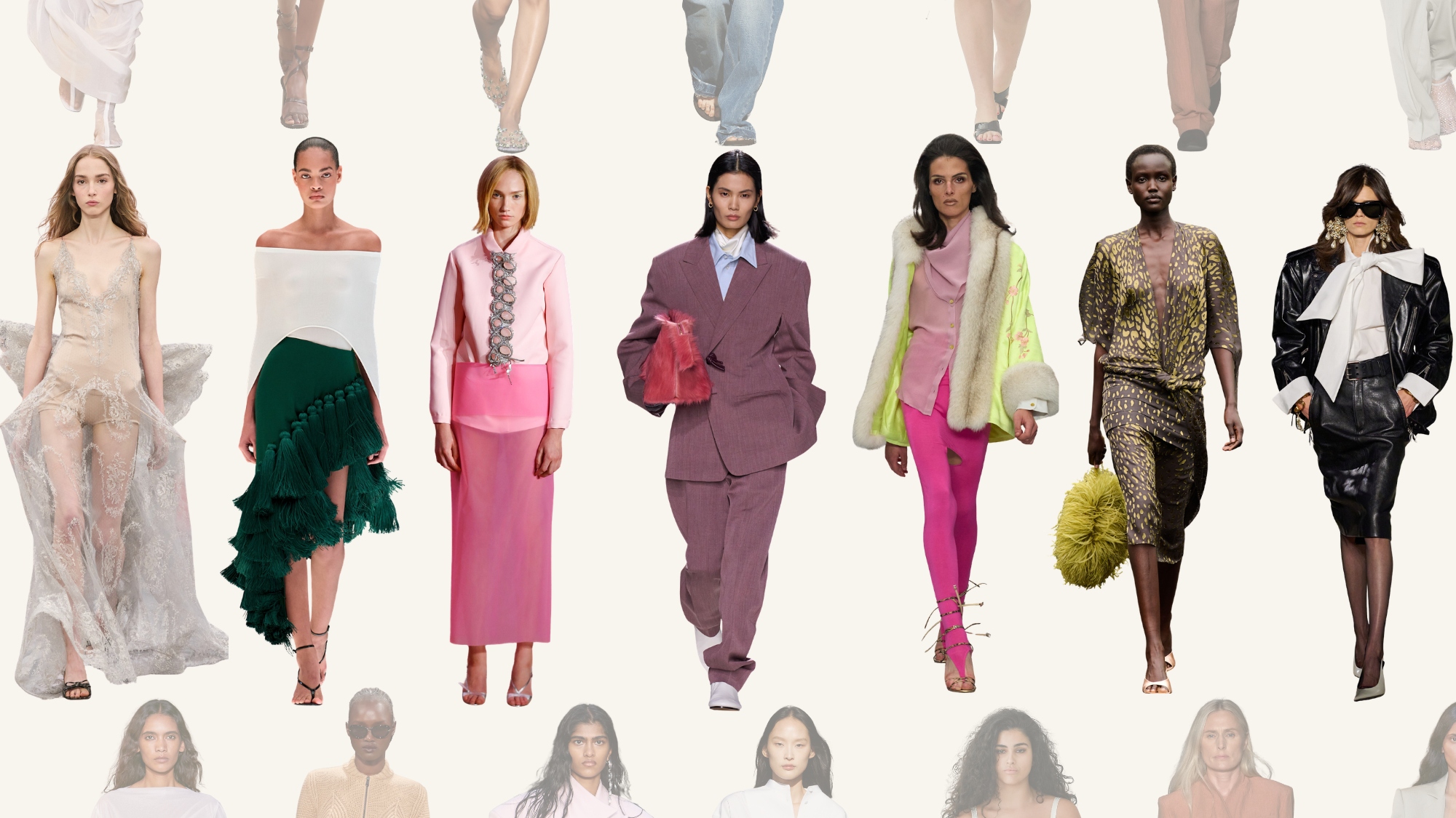 Models on the runway presenting SS26 microtrends. Wearing Dior, Alaia, Marc Jacobs, Bottega Veneta, Conner Ives, Ferragamo, Saint Laurent.