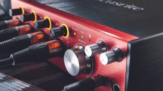 Close up of the front panel of a Focusrite Clarett audio interface