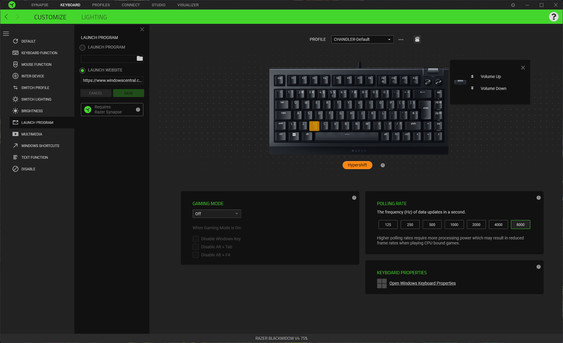Razer BlackWidow V4 75% keyboard customization with Razer Synapse app