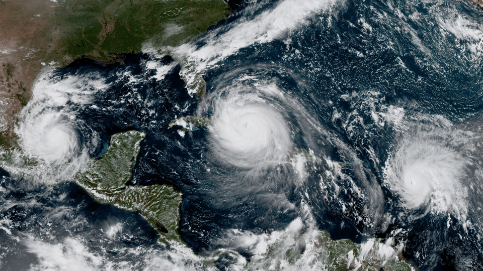 The NOAA GOES-16 satellite captured this geochromic image of three hurricanes — Hurricane Katia, Hurricane Irma and Hurricane Jose — in the tropical Atlantic on the afternoon of September 8, 2017.
