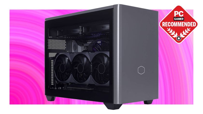 A Cooler Master NR W9 Mini gaming PC on a pink background with a PC Gamer Recommended label on top