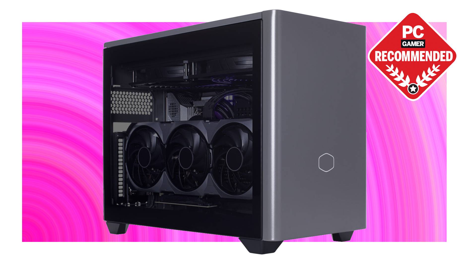 A Cooler Master NR W9 Mini gaming PC on a pink background with a PC Gamer Recommended label on top