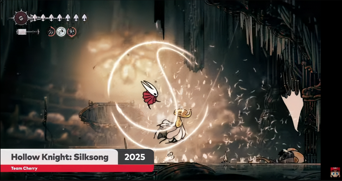 Several images of Hornet from Hollow Knight: Silksong doing some flips and jumps.