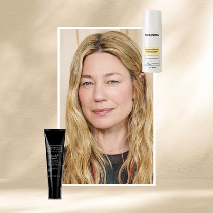 a woman who is 50+ looking over her should against a sunny background next to two sunscreens for mature skin