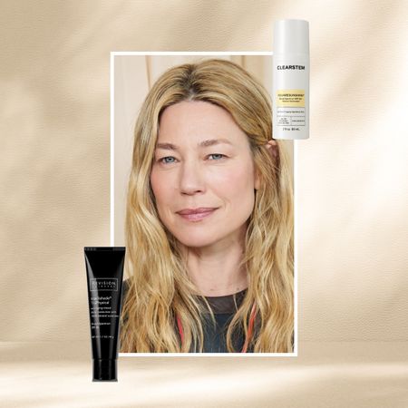 a woman who is 50+ looking over her should against a sunny background next to two sunscreens for mature skin