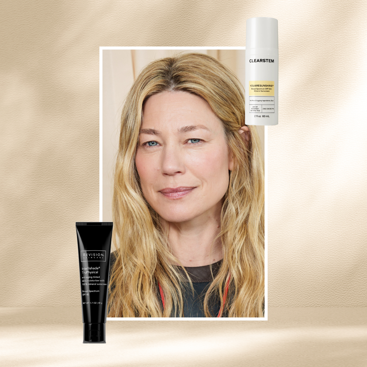 a woman who is 50+ looking over her should against a sunny background next to two sunscreens for mature skin