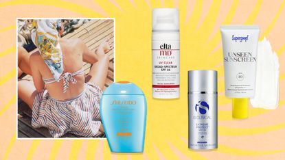 collage of best sunscreens including Supergoop unseen suncreen and iS clinical sunscreen