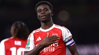 Bukayo Saka of Arsenal celebrates scoring their 2nd goal during the Carabao Cup Fourth Round match between Arsenal and Brighton & Hove Albion at Emirates Stadium on October 29, 2025 in London, England. 