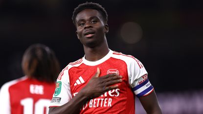 Bukayo Saka of Arsenal celebrates scoring their 2nd goal during the Carabao Cup Fourth Round match between Arsenal and Brighton & Hove Albion at Emirates Stadium on October 29, 2025 in London, England. 