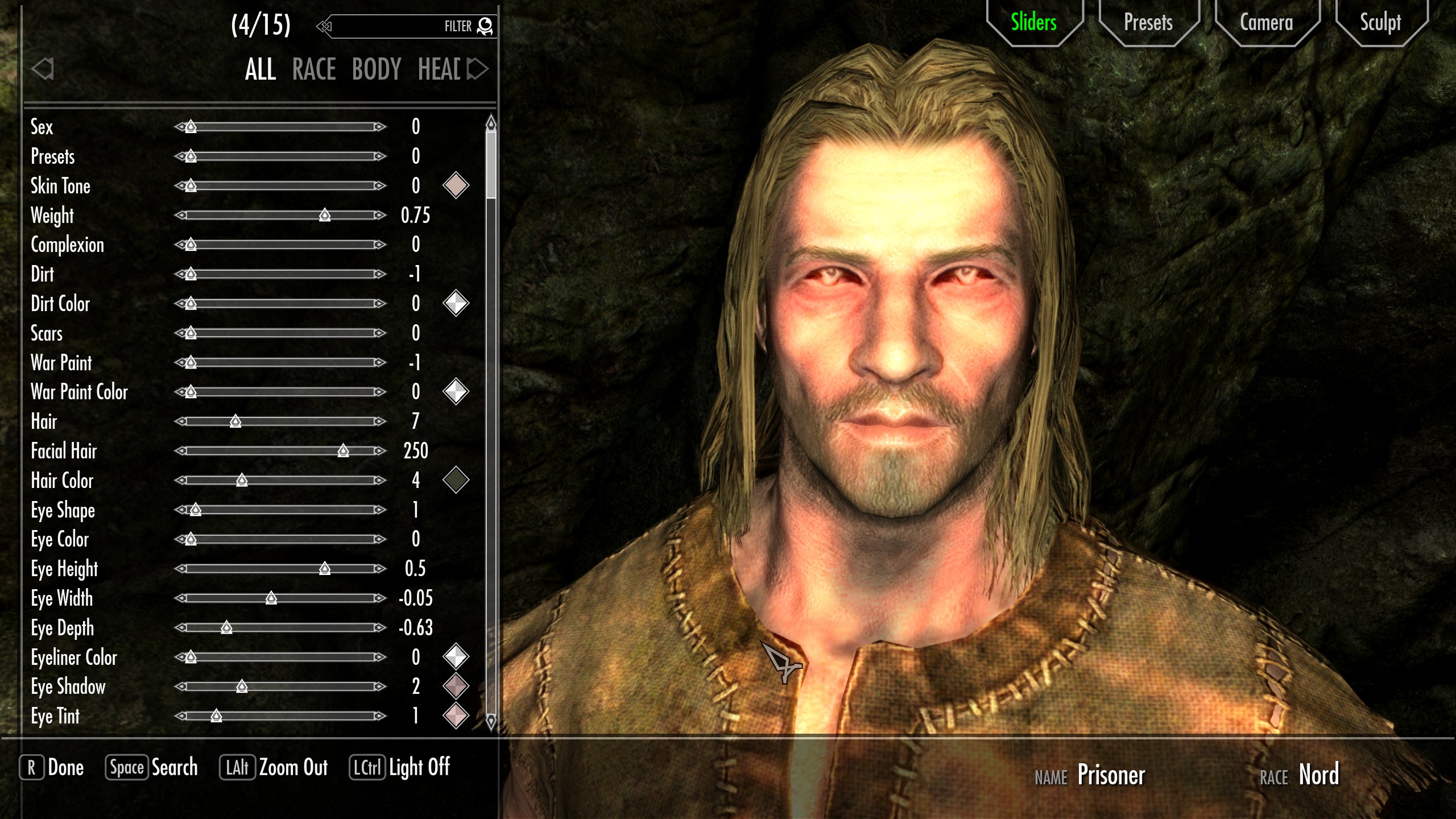 The character creator in Skyrim