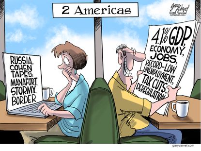 Political cartoon U.S. Two Americas Trump scandals economic growth