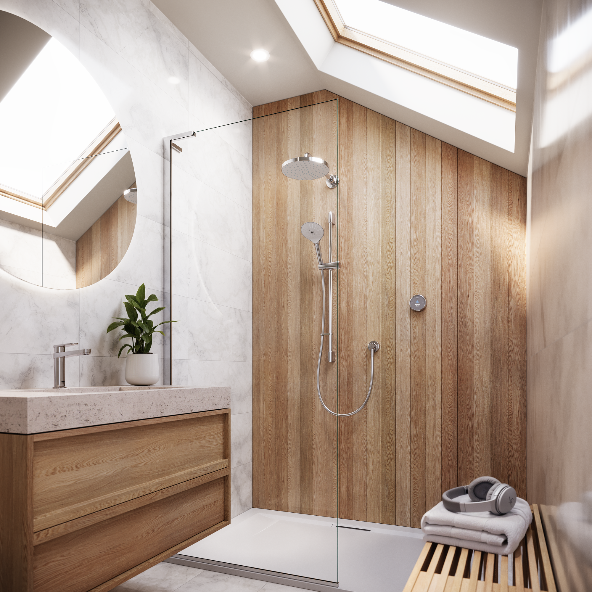 modern scandi-style bathroom with timber wall, marble tiles, floating timber vanity with stone top, round mirror, and bench seat with folded towel and headphones
